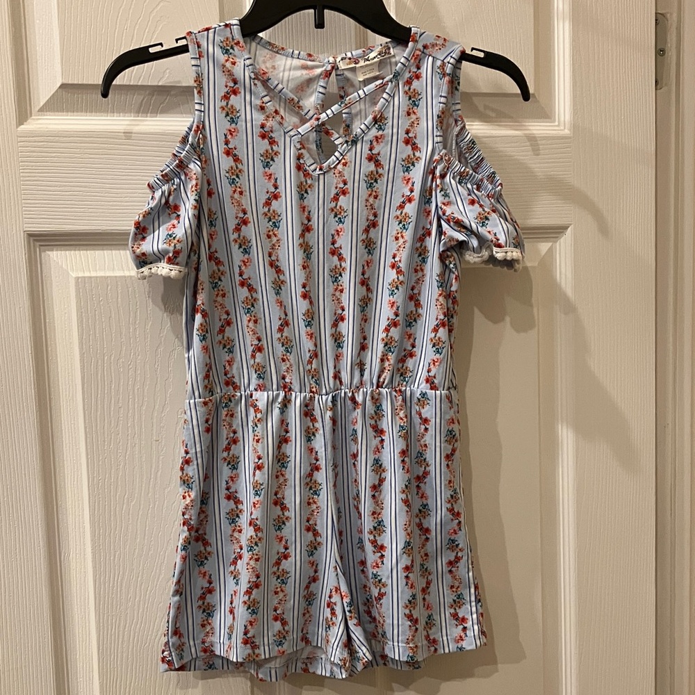 Magenta Blue Floral Stripe Cold-Shoulder Romper